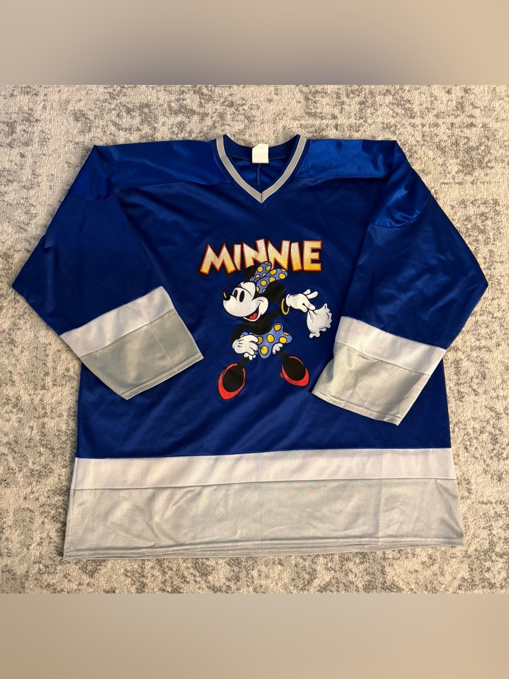 Men’s XL Disney Mickey Unlimited Minnie Mouse Blue White & Grey Hockey Jersey